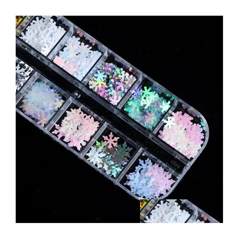 press on nail fake nails art decoration in christmas 12 grid laser snowflake sheet box winter sequins 50 sets a lot art setting