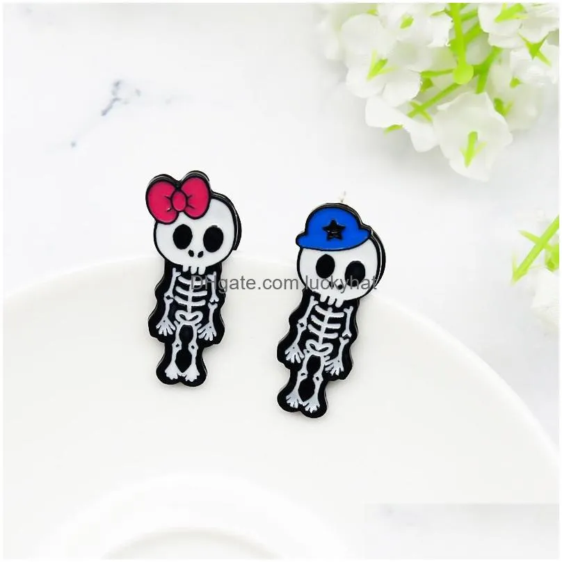 cartoon skeleton boys girls brooches for women red knot blue hat enamel paint lapel pins punk style badges gift friends collar pin