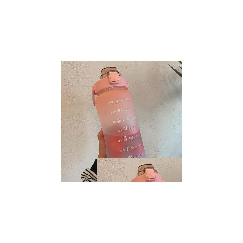 water bottles 2l large capacity bottle straw cup high temperature plastic time scale frosted outdoor sports student couple