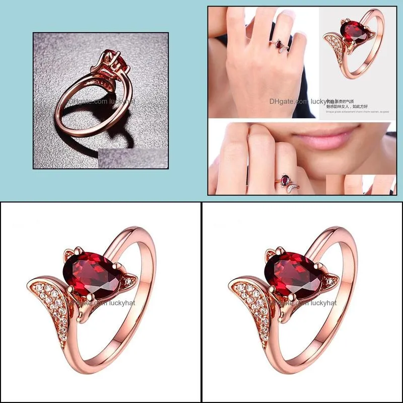 rose gold rings garnet red stone fox rings adjustable animal finger ring for women jewelry