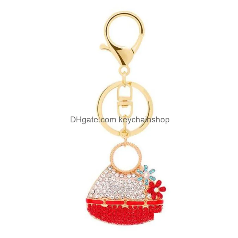 pink blue crystal flower bag shaped keychain rhinestone women handbag keyring pendant key chain jewelry