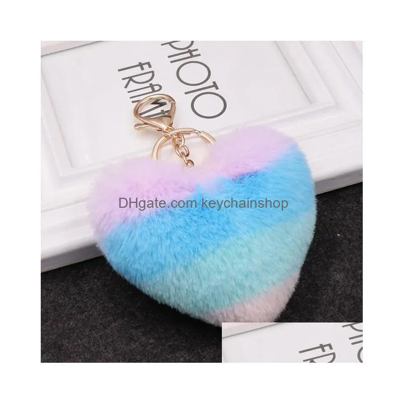 9cm cute fluffy heart keychains womens pom poms faux rex rabbit fur key chains girl bag hang car key ring jewelry accessories