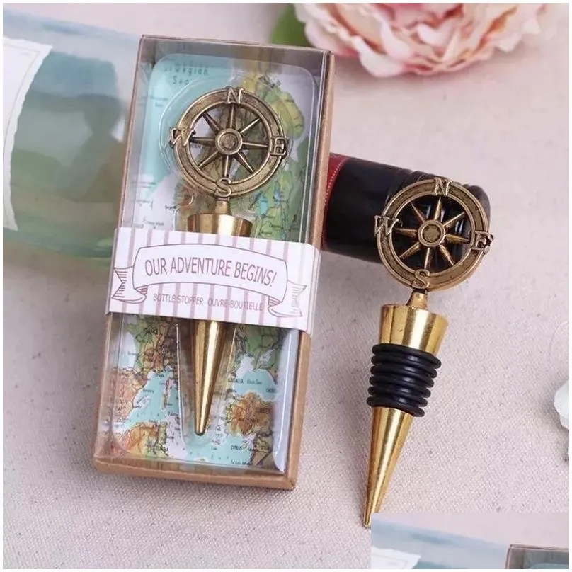 50pcs our adventure begins gold compass bottle stopper wedding favors wine stoppers bar party supplies i0110