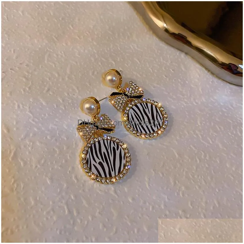 fashion jewelry s925 silver post earrings for women rounded zebra stripe rhinestone bowknot dangle stud earrings