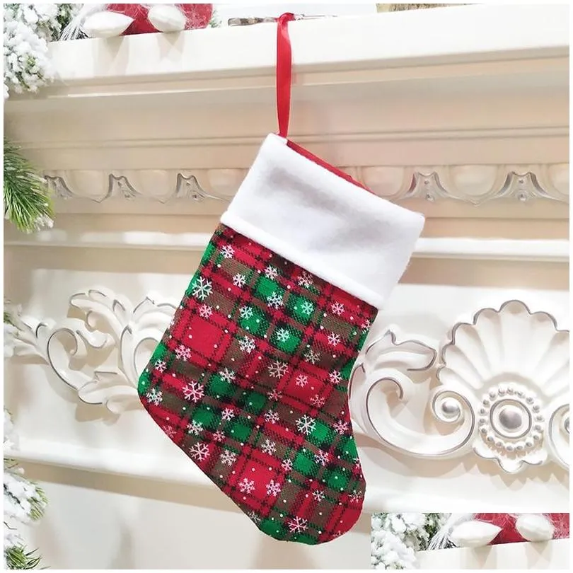 christmas stockings socks snowflake plaid xmas hanging stocking kids christmas gift candy bags decor christmas tree ornament dbc