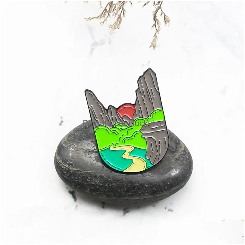 cartoon picture of natural beauty brooch mountain stream enamel pin valley sunset wholesale creative metal badges jewelry small women