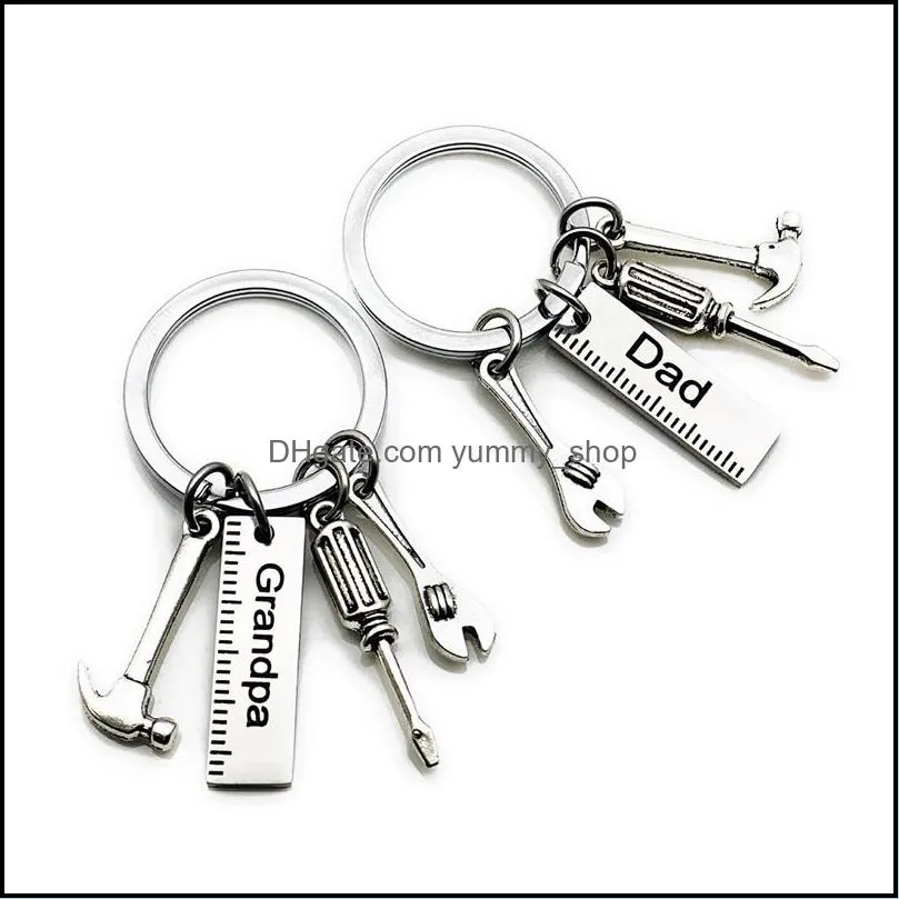 50pcs/lot new stainless steel dad tools keychain grandpa hammer screwdriver keyring father day gifts1 85 w2