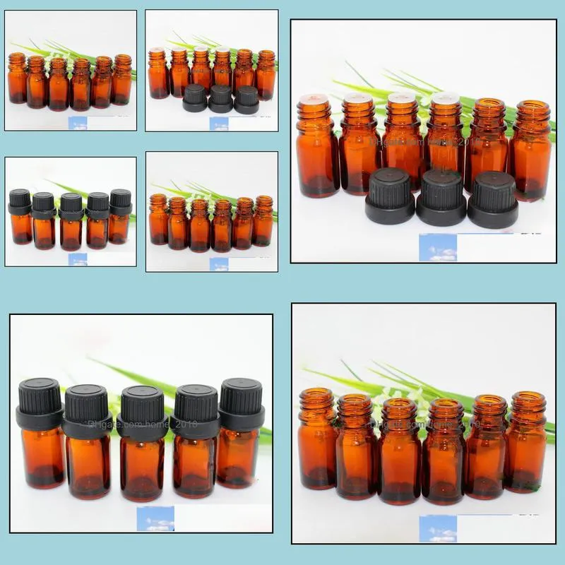 1000pcs/lot 5ml amber glass essential oil bottles with hose long inner plug and black tamper cap for 5ml eliquid 5cc glass amber