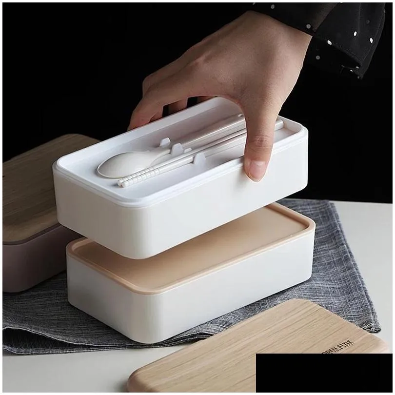 double layer lunch box 1200ml wooden feeling salad bento boxes microwave portable container for workers student 0106