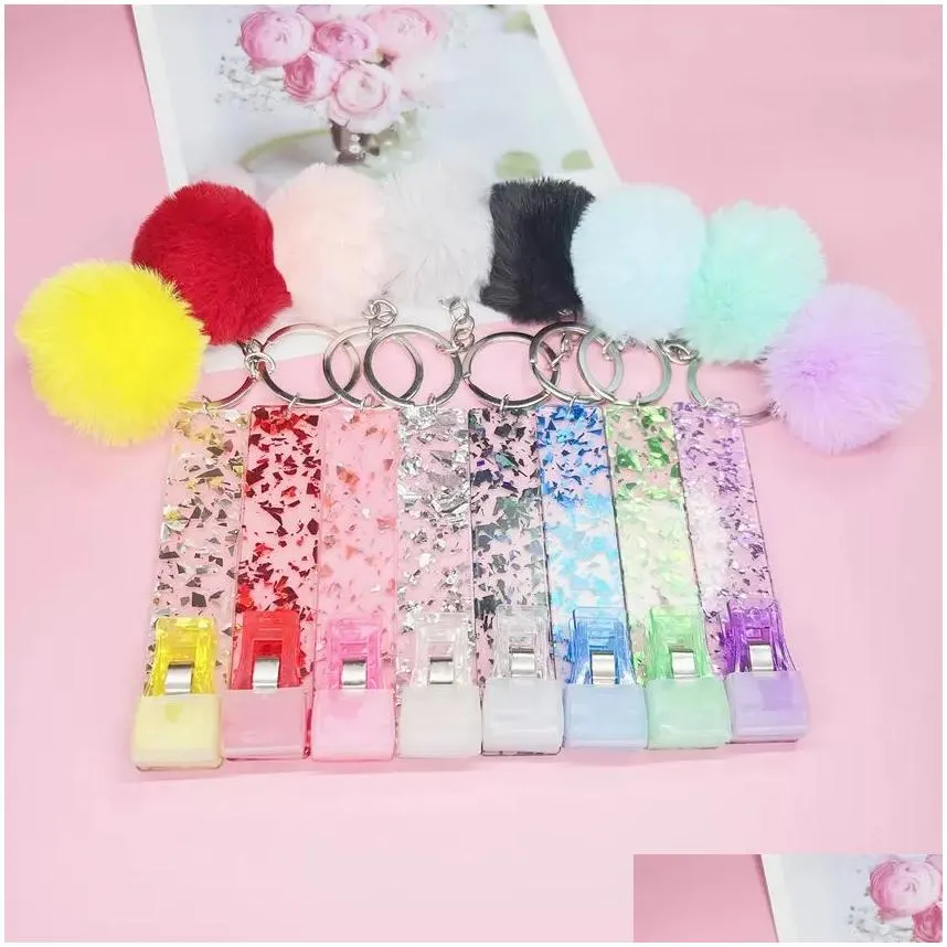 atm card puller key rings acrylic credit card grabber party favor with rabbit fur ball keychain 0111