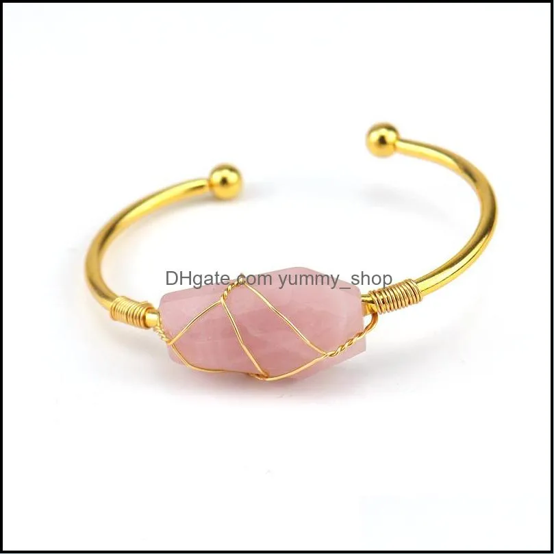 wire wrap natural stone hexahedron bracelet amethyst aventurine pink crystal bangle bracelets for women jewelry