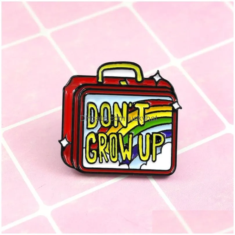 ins creative suitcase shape brooches cartoon letter do not grow up enamel pins alloy brooch for girls denim shirt badge jewelry christmas gift friend bag