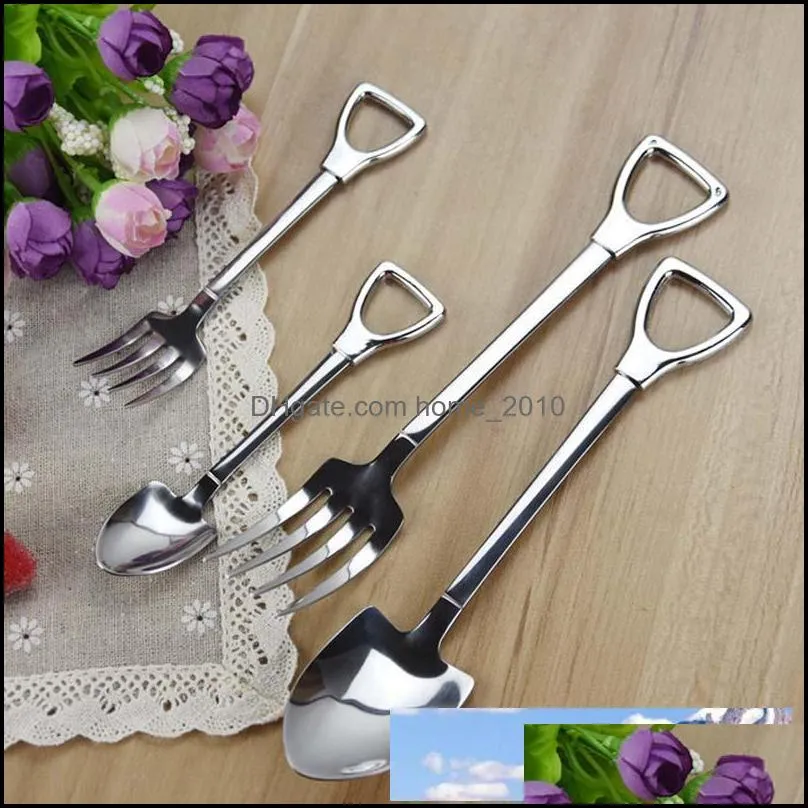 stainless steel spoon fork shovel shape cake coffee ice cream soup spoon long handle honey teaspoons for children