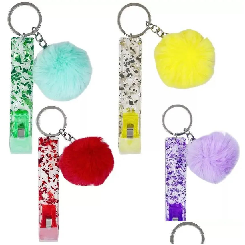 atm card puller key rings acrylic credit card grabber party favor with rabbit fur ball keychain 0111