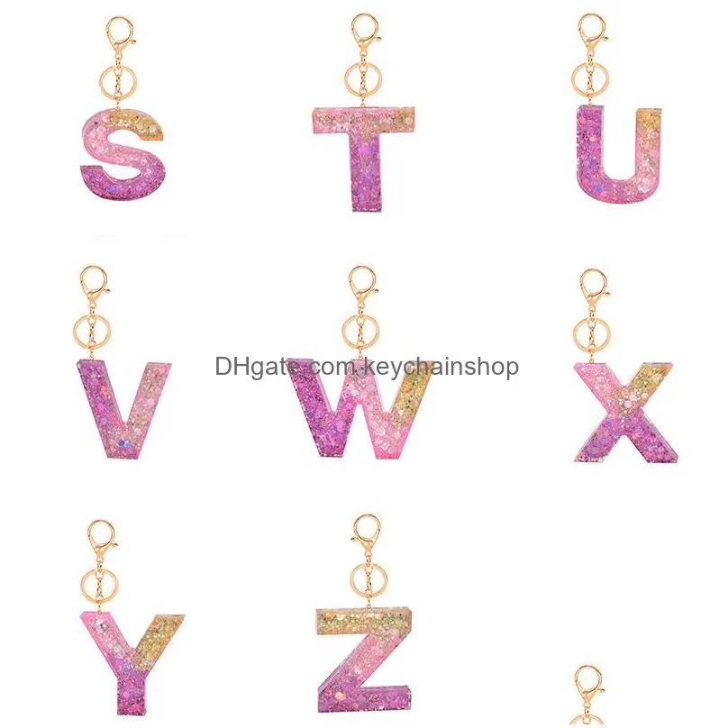 letter pendant keychains resin key chains rings for women cute car pink sequin letters keyring holder charm bag couple gifts