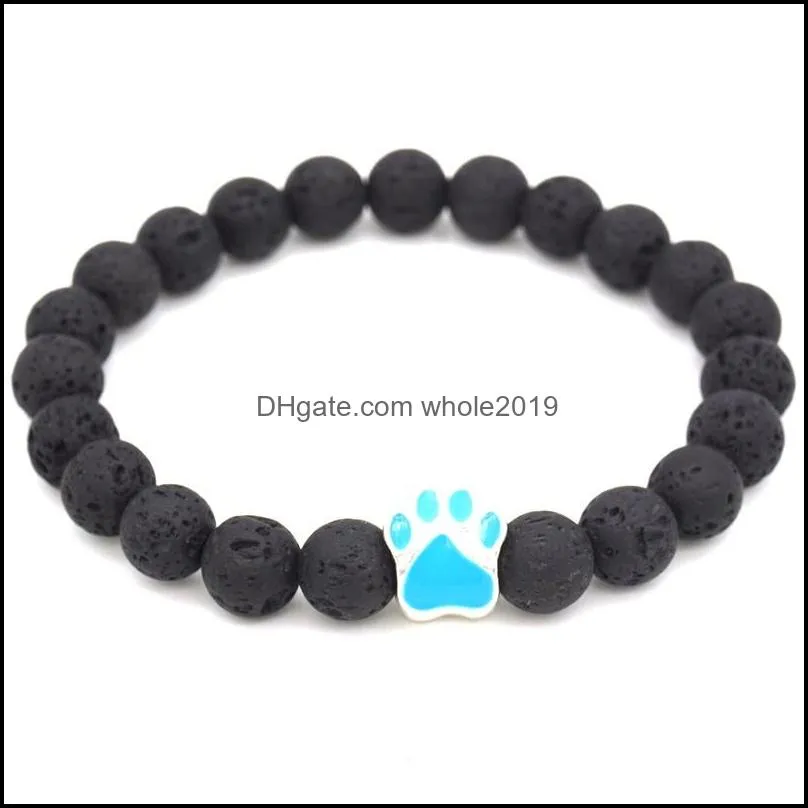 new paw charms 8mm black lava stone strand elastic bracelet essential oil diffuser bracelets volcanic rock footprint beaded hand