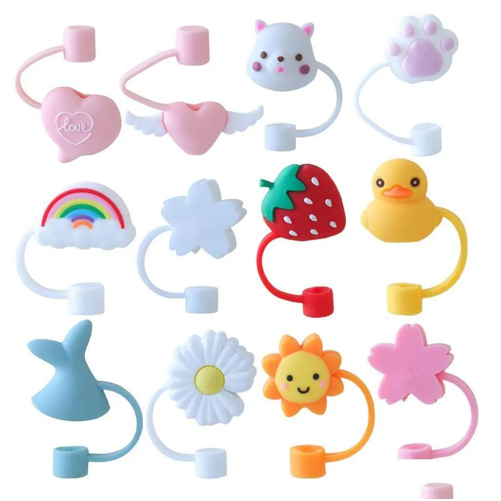 creative silicone straw tips cover reusable drinking dust cap splash proof plugs lids antidust tip sunflower cherry blossom rainbow cat paw for 68mm straws