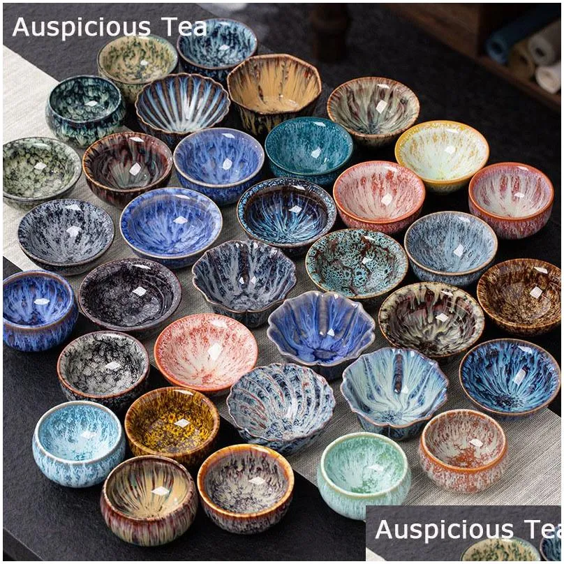 tea tools vintage multicolor kiln fambe ceramic teacup japanese style retro handmade cup temmoku glaze teaset home tea bowl master