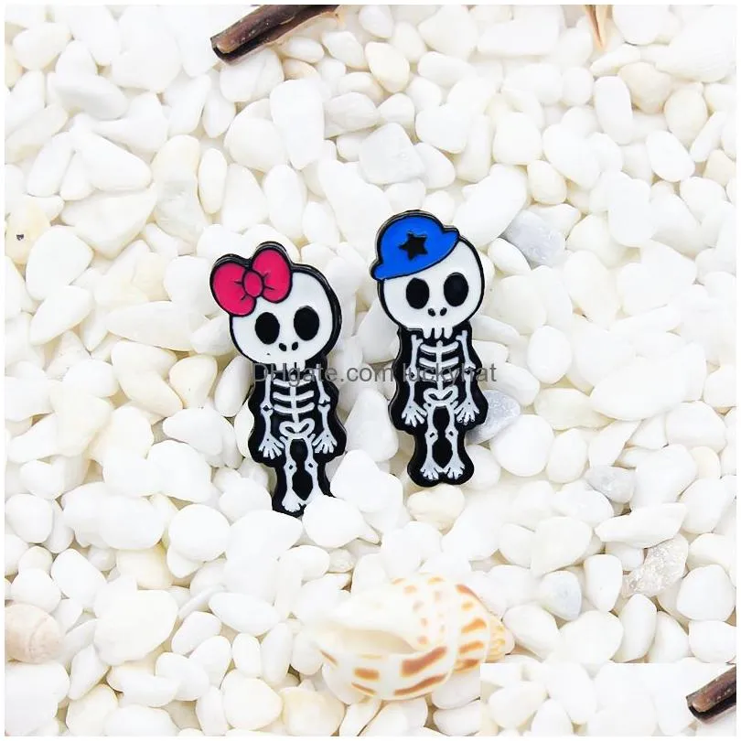 cartoon skeleton boys girls brooches for women red knot blue hat enamel paint lapel pins punk style badges gift friends collar pin