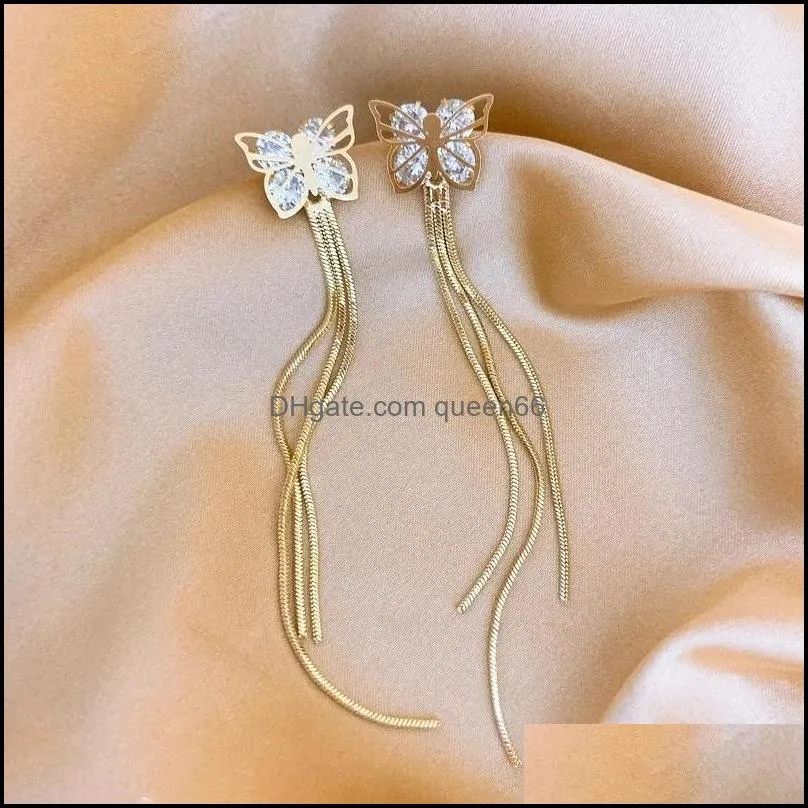 vintage gold color long tassel dangle earrings for women fashion crystal zircon butterfly drop earring korean trend jewelry gift