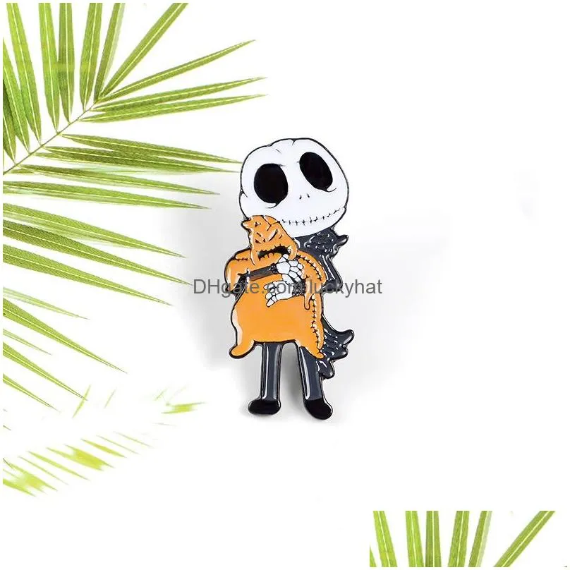 creative funny skull brooches cartoon skeleton villain embraces the doll paint enamel pins alloy brooch for girls denim shirt badge jewelry gift bag