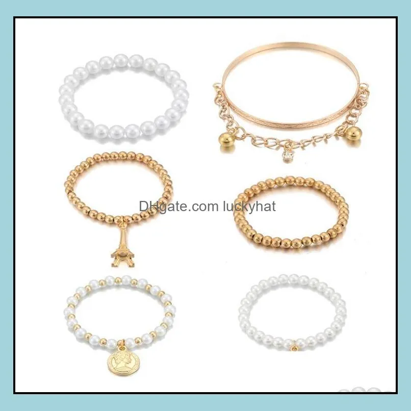 6pcs/set gold silver color link chain pearl beads bracelet star multilayer beaded bracelets set for women charm party jewelry