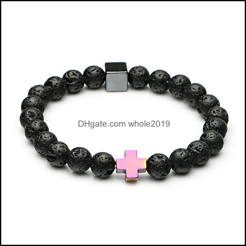 8mm black lava stone cross charms buddha yoga bracelet  oil diffuser jewelry for wome men gift