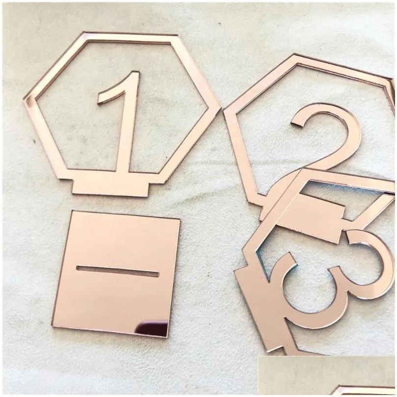 party favor 9cm hexagon table number signs wedding birthday mirror gold/silver/rose gold acrylic centerpiece decoration