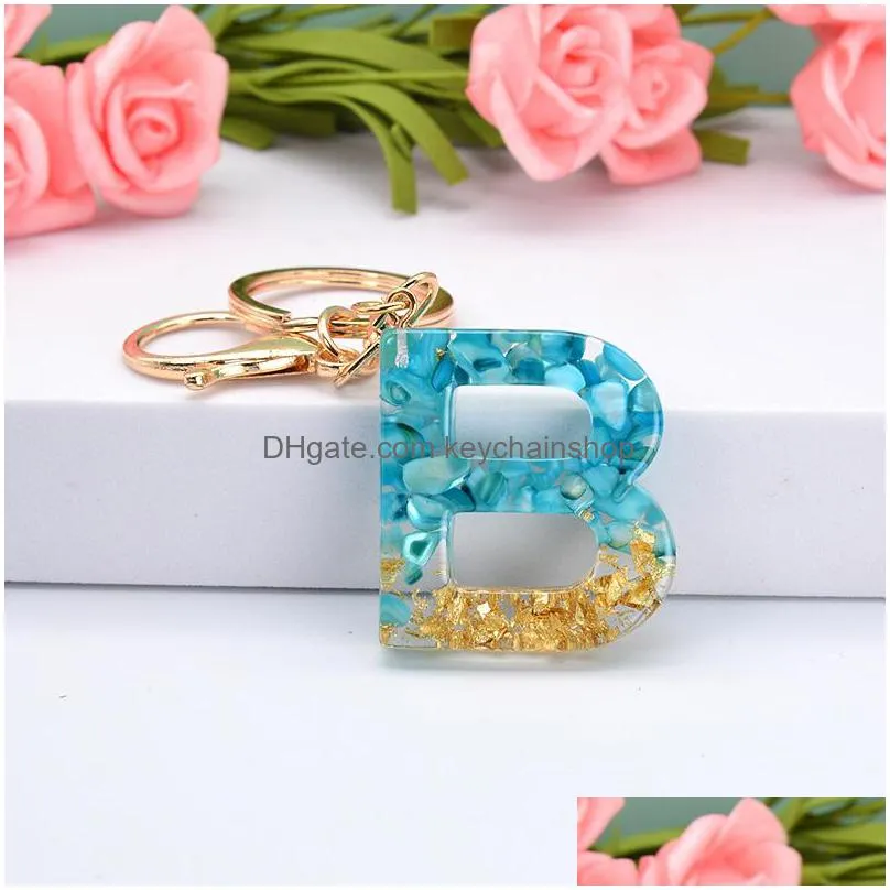 cute gold foil blue gradient color resin letter az keychain for women men handbag car key ring pendant fashion jewelry gifts