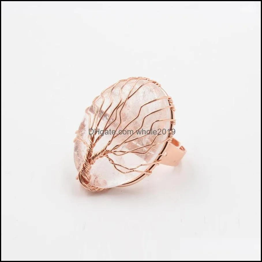 tree pattern wire wrapped stone crystal quartz healing chakra stone opening rings pink blue purple natural stone rings for women men