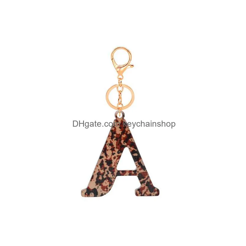 leopard print keychains az initial acetate pendant key chain ring cute car alphabet resin keyring holder charm bag couple gifts