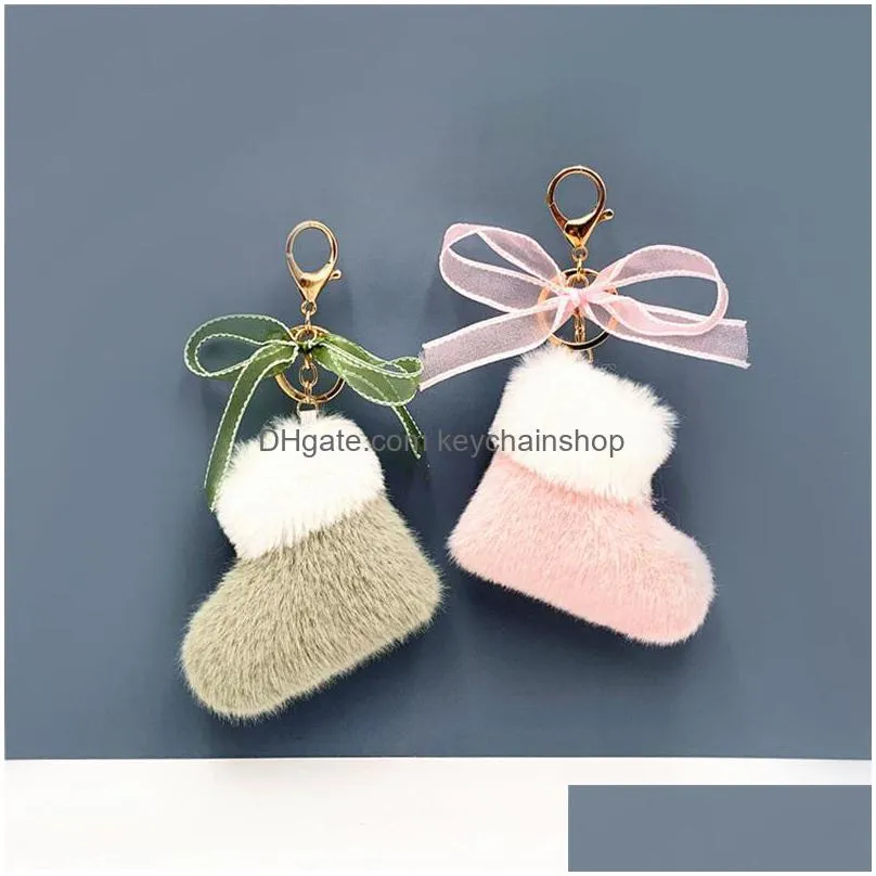 plush christmas boots keychain cute bow bag pendant car key chain ring gift earphone bag purse accessories