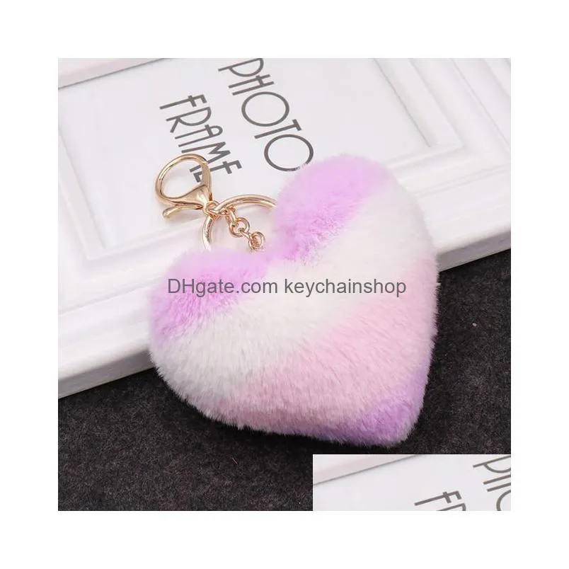 9cm cute fluffy heart keychains womens pom poms faux rex rabbit fur key chains girl bag hang car key ring jewelry accessories