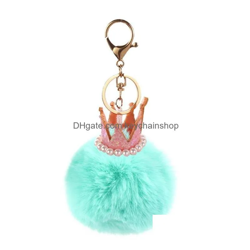 8cm fluffy rabbit fur ball pendant pearl crown key chain fur pompons key ring metal keychains car handbag gift accessories