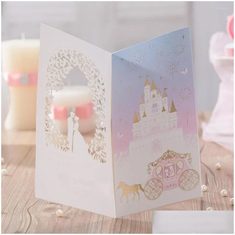 greeting cards 50pcs wishmade laser cut wedding invitations princess prince in castle blush shimmer floral invitation with envelopes