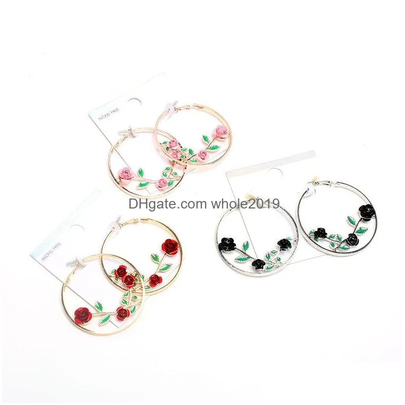 fashion jewelry vintage rose flower earrings circle hoop earrings