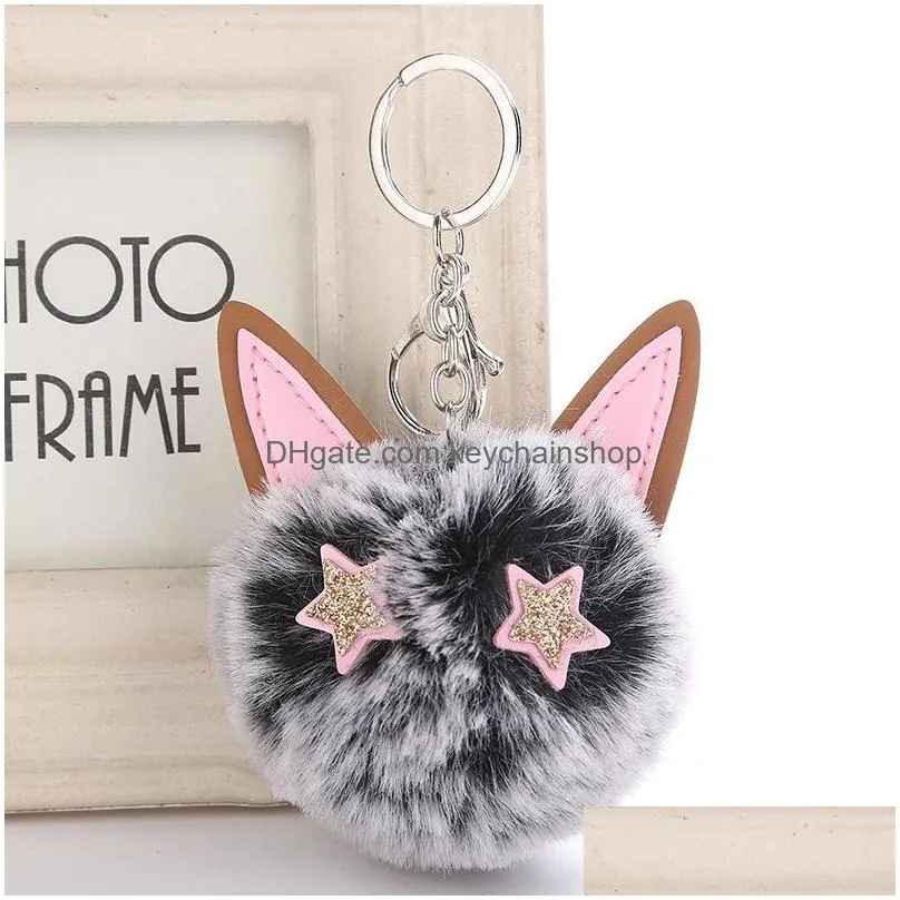 cute keychains for women kitty ear hair ball pendant key chains rings fur plush car keyring holder charm bag accessories gifts