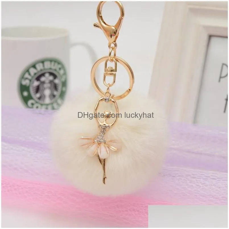 rhinestone ballet girl keychains rabbit hair ball keychains 16 color choose alloy fashion alloy keychains ds12