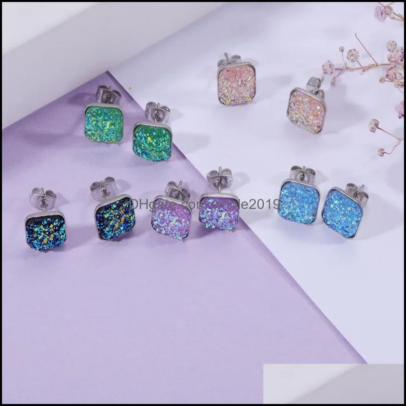 designer square resin druzy drusy stud earrings stainless steel handmade studs for women jewelry