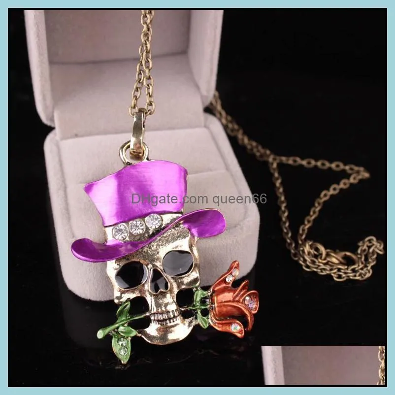 gothic antique necklace everyday jewelry rose flower skull necklace enamel pendant crystals necklaces