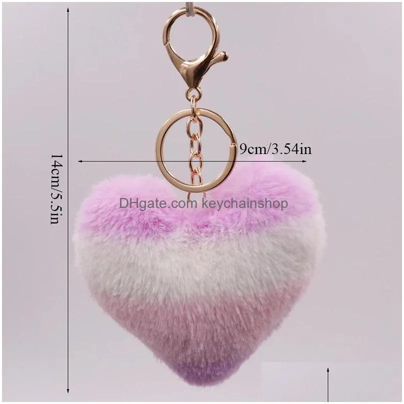 9cm cute fluffy heart keychains womens pom poms faux rex rabbit fur key chains girl bag hang car key ring jewelry accessories