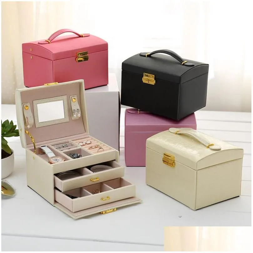 double storage drawer pu leather largecapacity jewelry threelayer ring earrings 5 colors box size 17x14x13cm