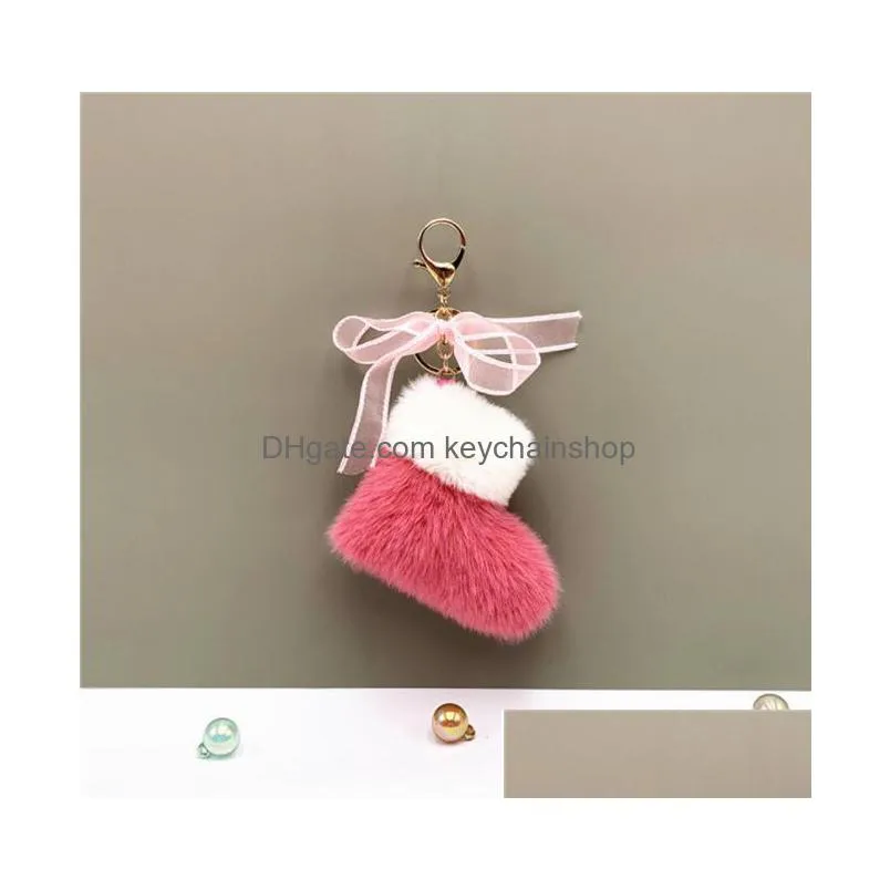 plush christmas boots keychain cute bow bag pendant car key chain ring gift earphone bag purse accessories