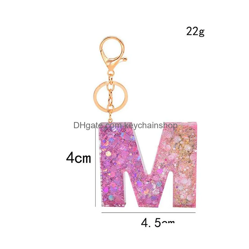 letter pendant keychains resin key chains rings for women cute car pink sequin letters keyring holder charm bag couple gifts