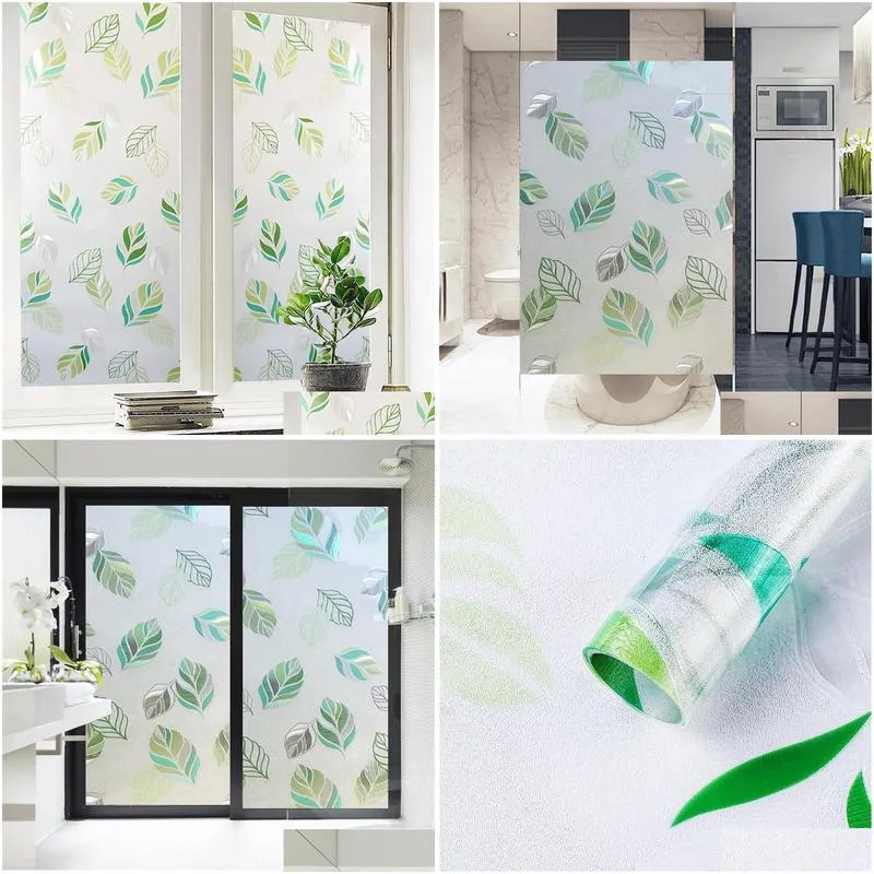 window stickers decorative noglue frosted film stained waterproof static cling glass foil sticker green leaf pvc