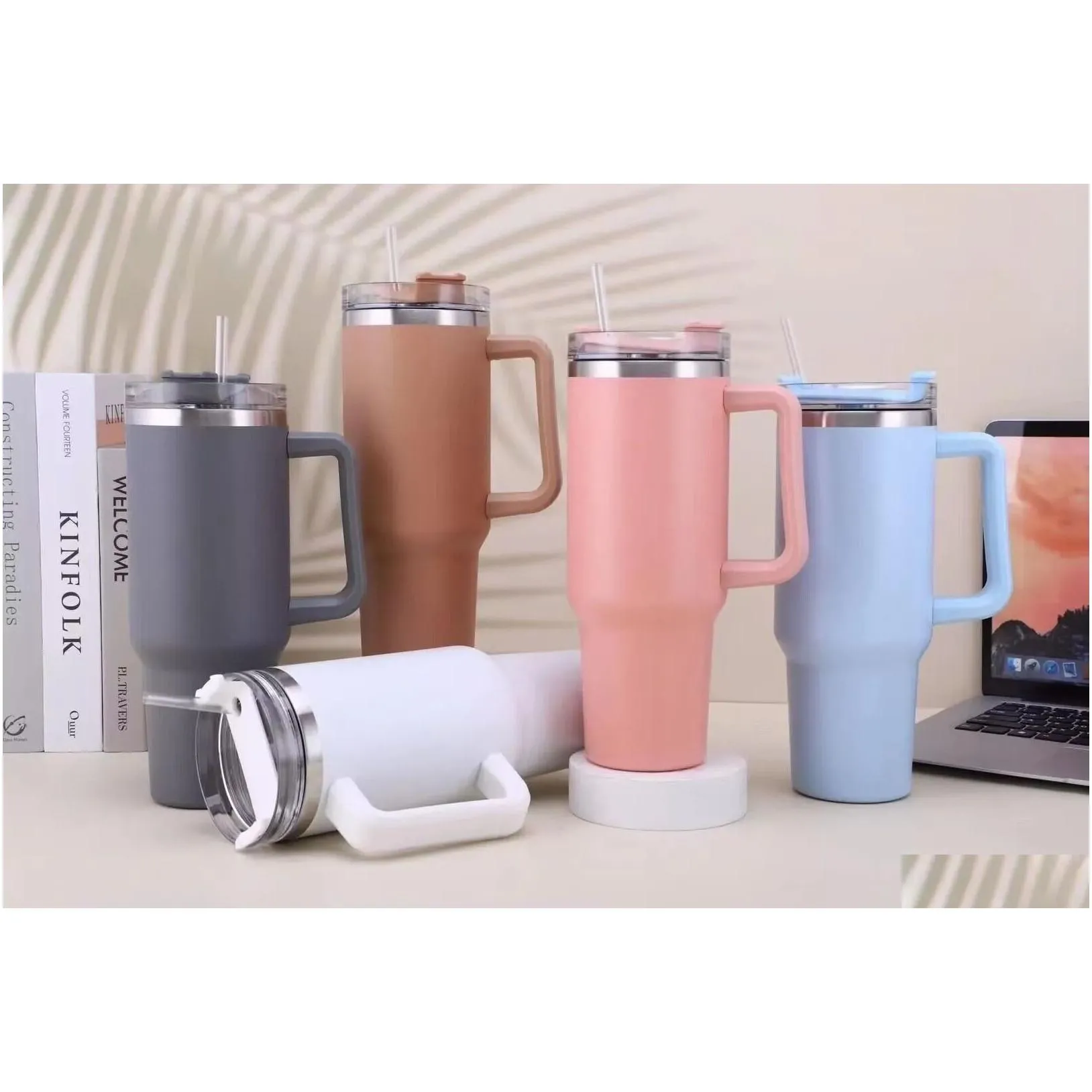 40oz stainless steel tumbler with colored handle big capacity beer mug insulated water bottle outdoor camping cups with lid fy5528