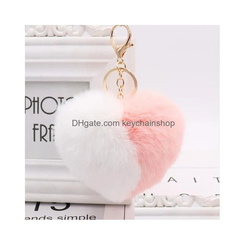11cm cute fluffy heart keychains womens pom poms faux rex rabbit fur key chains girl bag hang car key ring jewelry accessories