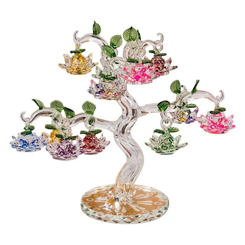 glass crystal lotus tree with 12pcs fengshui crafts home decor figurines christmas year gifts souvenirs ornament decorative objects 