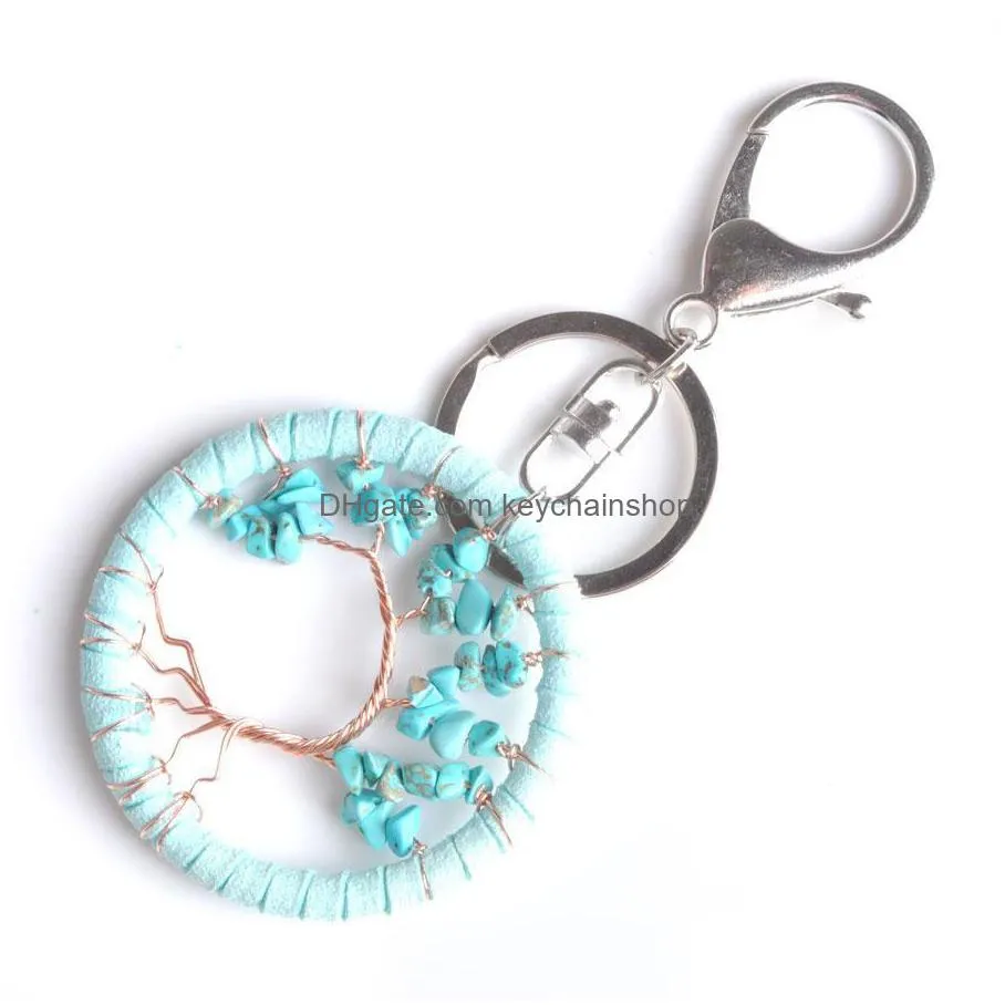 tree of life key ring natural stone chip bead handmade leather cord wrap keychain opal crystal women bohemia jewelry