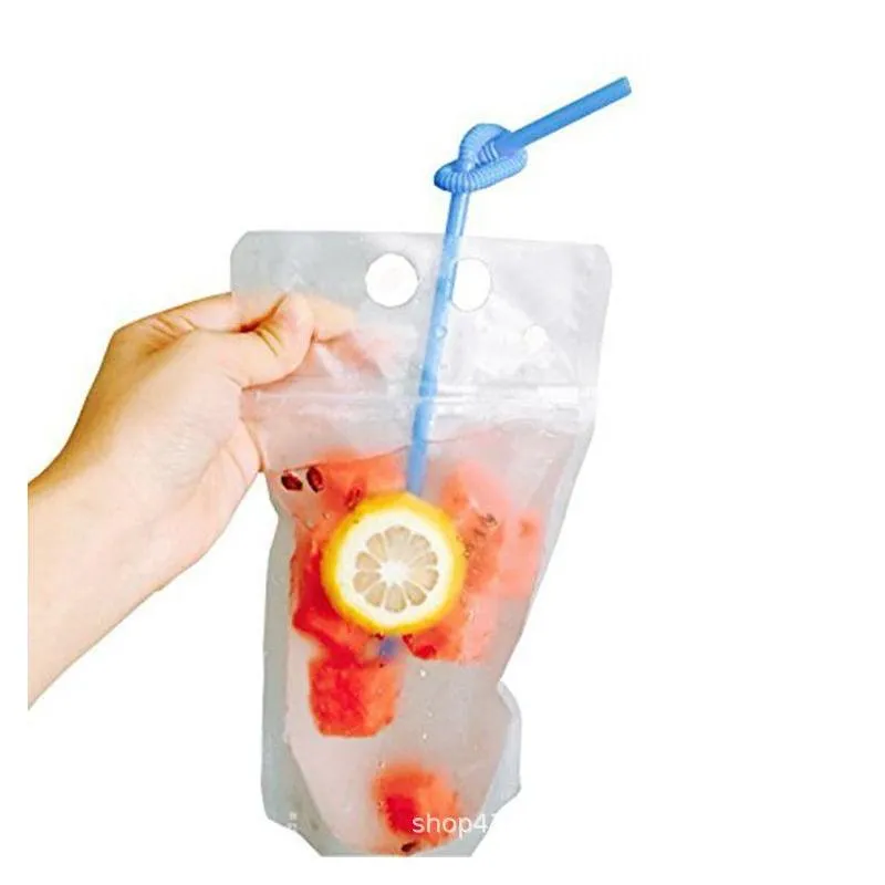 quality clear drink pouches bags frosted zipper standup plastic drinking bag with straw with holder reclosable heatproof 17oz